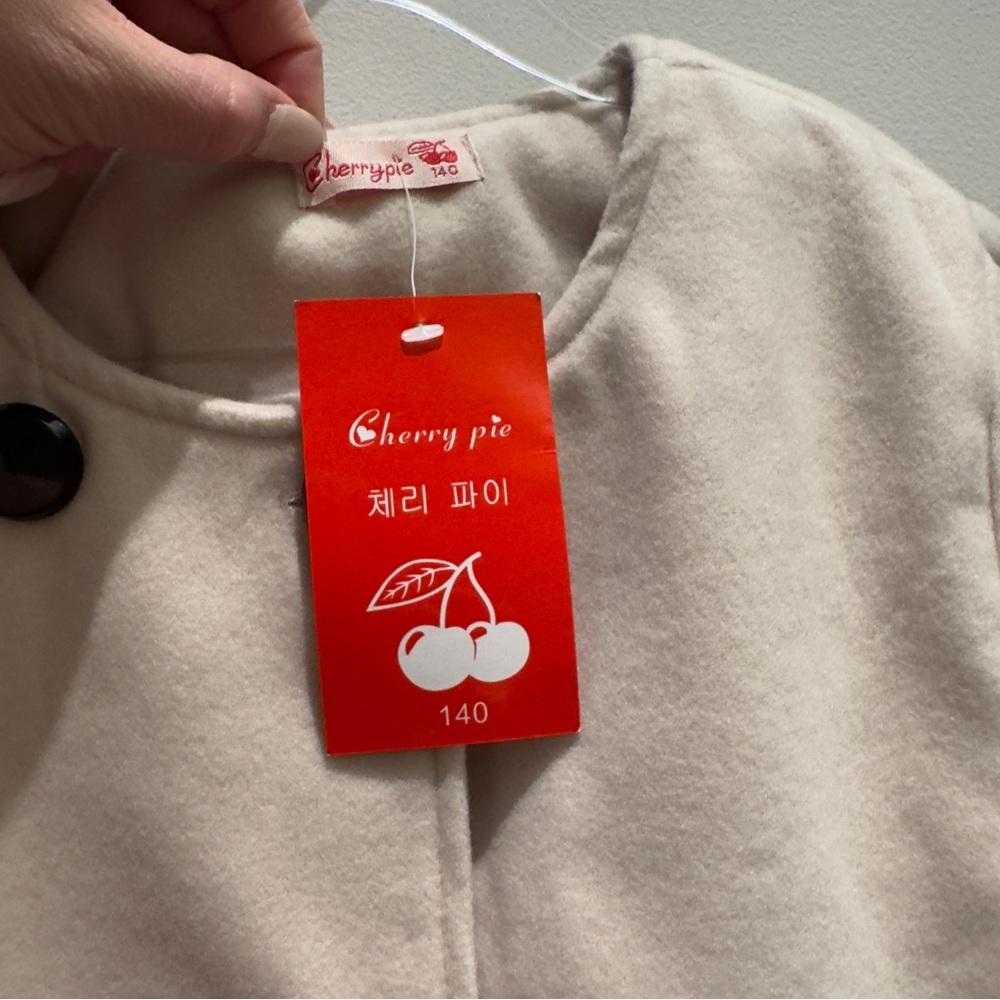 NWT- Cherry Pie Kids Pie Coat Cream Double-Breasted with Black Buttons Size 140 - Picture 2 of 9